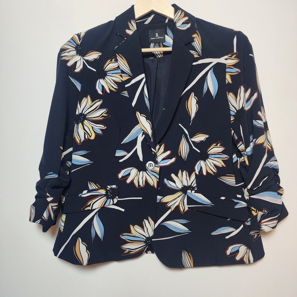 Jules & Leopold Floral Ruched 3/4 Sleeve Blazer Navy Blue Multi Size Medium